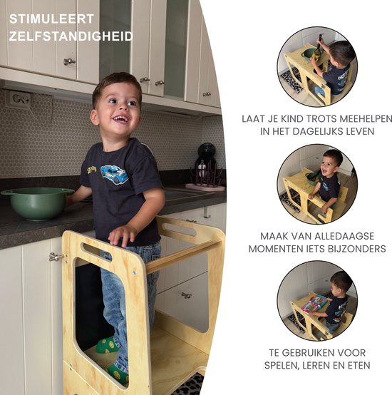 Tour d'apprentissage Montessori 4-en-1 Liefjes & Co – Tour de cuisine, marchepied pour enfant, tableau à dessin et table de jeu – Bois certifié FSC®