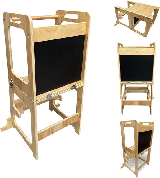 Tour d'apprentissage Montessori 4-en-1 Liefjes & Co – Tour de cuisine, marchepied pour enfant, tableau à dessin et table de jeu – Bois certifié FSC®