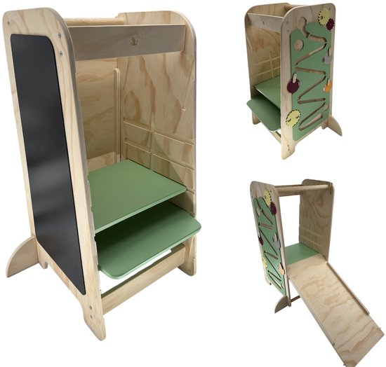 Liefjes & Co Montessori Leertoren met Glijbaan & Krijtbord – In Hoogte Verstelbaar – Houten Keukentoren & Speeltoren – Kindertrap & Tekenbord – FSC® Hout