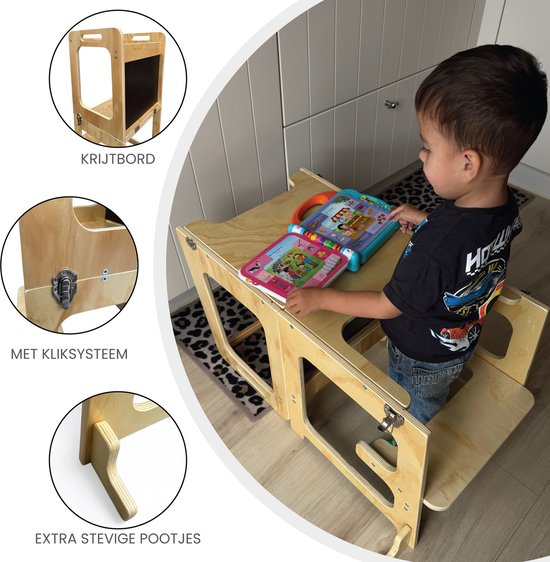 Liefjes & Co 4-in-1 Montessori Leertoren – Keukentoren, Kindertrap, Tekenbord & Speeltafel – FSC® Hout