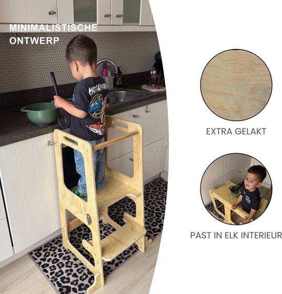 Liefjes & Co 4-in-1 Montessori Leertoren – Keukentoren, Kindertrap, Tekenbord & Speeltafel – FSC® Hout