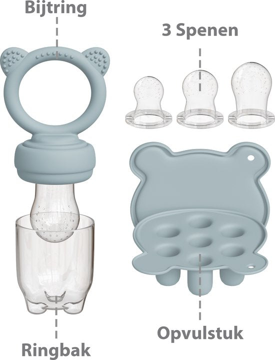 Liefjes & Co Fruitspeen & IJsblokjesvorm - Baby Speen met Bijtring - BPA-vrij Siliconen - 3 Speenmaten S/M/L - Pastelblauw