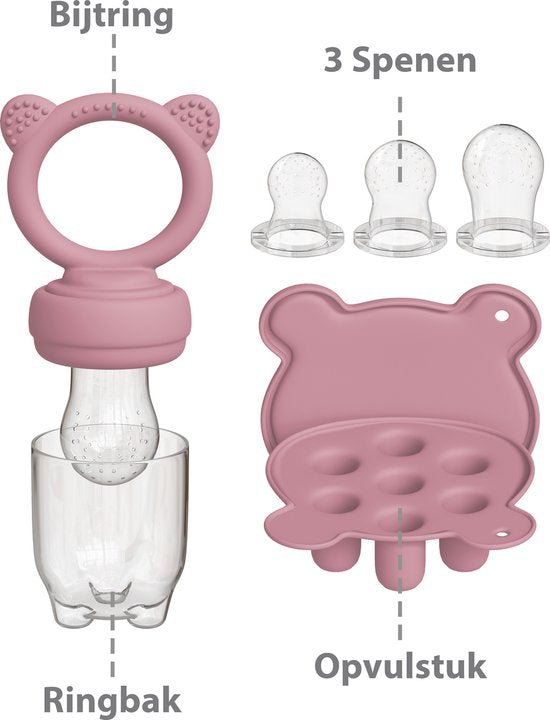 Liefjes & Co Fruitspeen & IJsblokjesvorm - Baby Speen met Bijtring - BPA-vrij Siliconen - 3 Speenmaten S/M/L - Pastelroze